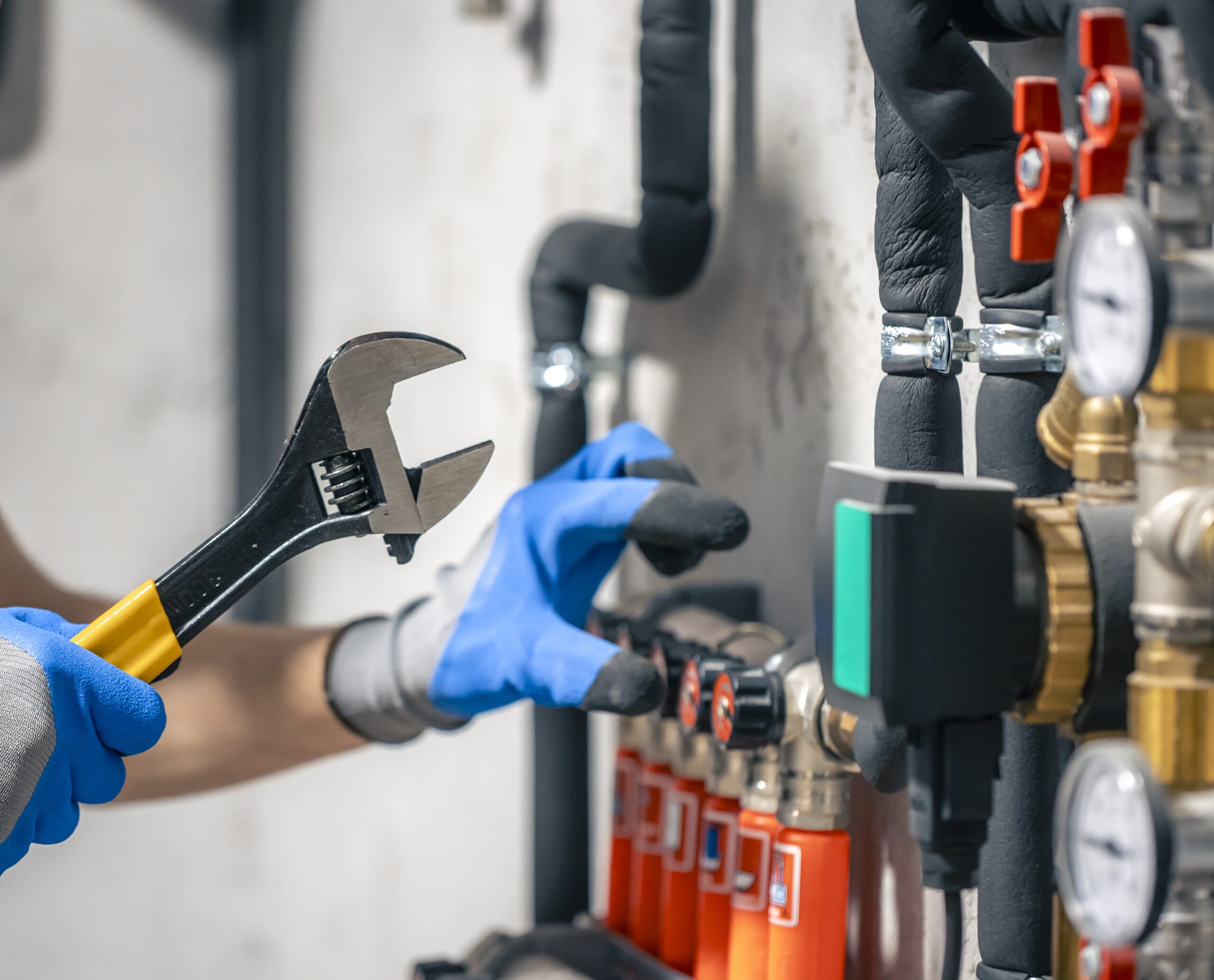 a man installs a heating system in a house and checks the pipes with a wrench.